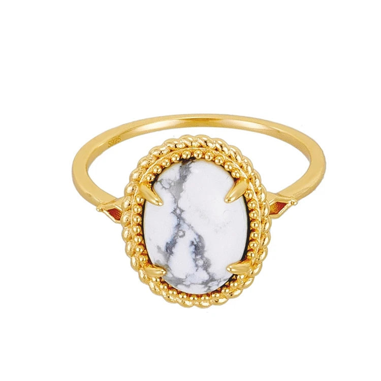 Emotional Bague De Mariage Factory 925 Sterling Silver 14K Gold Plated Gemstone Advanced White Turquoise Rings Bead Ring