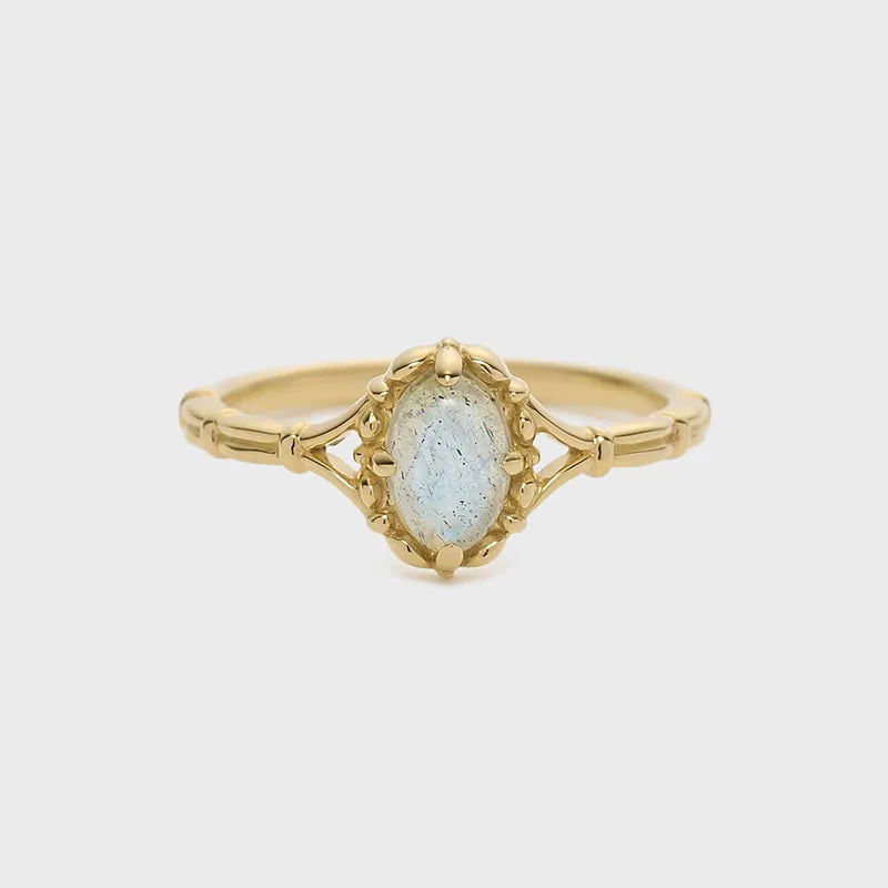 Emotional Factory 925 Sterling Silver 14K Gold Plated Gemstone Retro Literary Vintage Aquamarine Ring