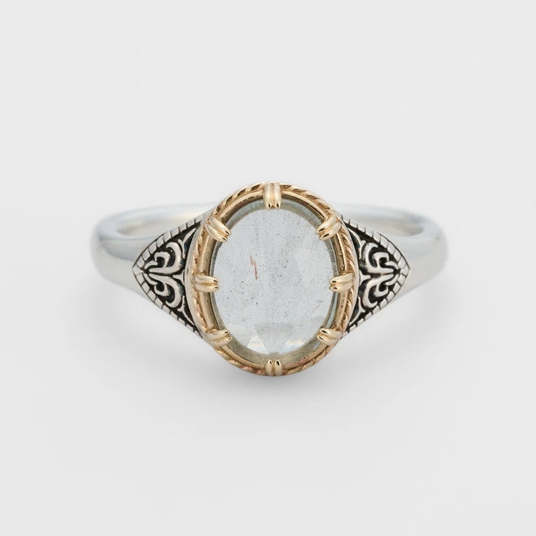 Emotional Factory 925 Sterling Silver 14K Gold Plated Gemstone Layered Two-Colour Plating Vintage Labradorite Ring