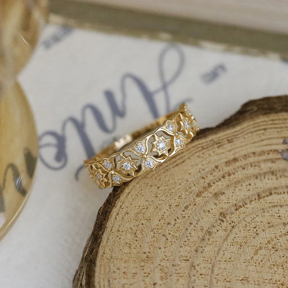 Emotional Factory 925 Sterling Silver 14K Gold Plated Gemstone Celestial Lace Hollow Pattern Zircon  Ring