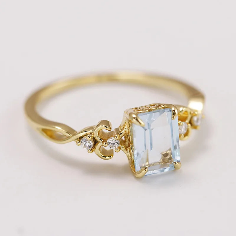 Emotional Factory 925 Sterling Silver 14K Gold Plated Gemstone Ins Geometric Square Sky Blue Zirconia Ring