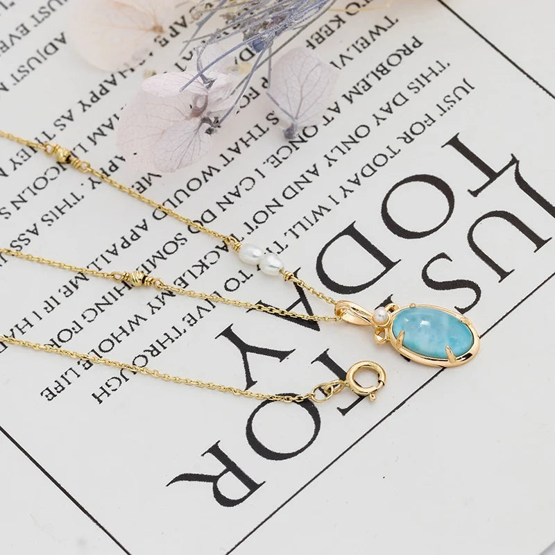 S925 Sterling Silver 14K Gold Plated  Necklace with Sea Grain Stone White Crystal Fine Jewelry