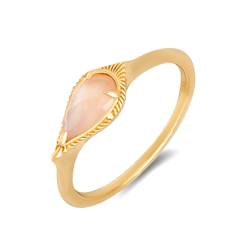 Emotional Factory 925 Sterling Silver 14K Gold Plated Gem Stone Gemstone Rock Crystal Small Fresh Pink Mother-Of-Pearl Drop Ring