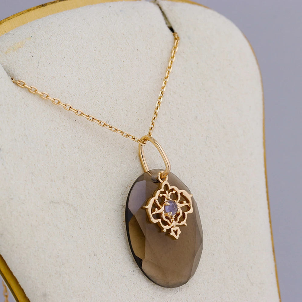 Emotional  925 Sterling Silver 14K Gold Plated Gem Stone Gemstone Geometric Egg Shape Cordierite Lace Quartz Stone Pendant