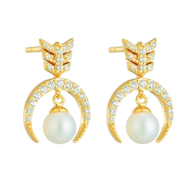 Emotional Factory 925 Sterling Silver 14K Gold Plated Gemstones Arrowhead Arrow Moon Natural Freshwater Pearl Stud Earrings