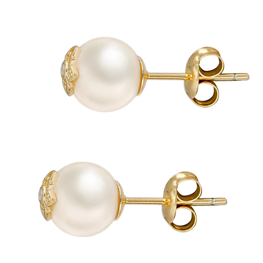 Emotional Factory 925 Sterling Silver 14K Gold Plated Gem Stone Gemstone Retro Cz Zircon Round Stone Pearl Stud Earrings