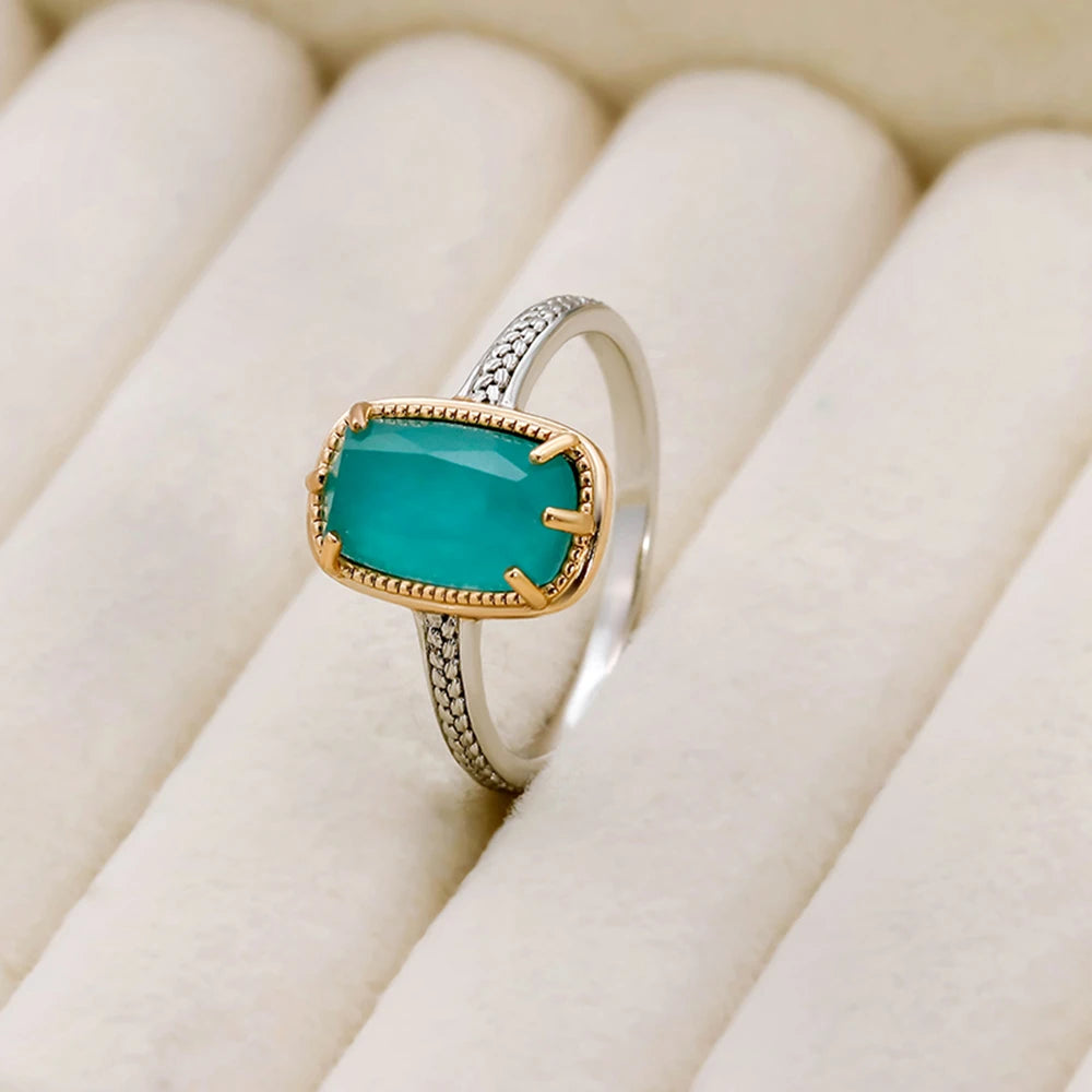 925 Sterling Silver 14K Gold Plated Gemstone  Rock Crystal Rectangles Layered Gemstones White Crystal Turquoise Ring