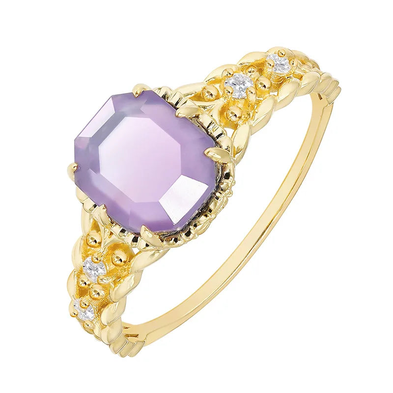 925 Sterling Silver 14K Gold Plated Gemstone Strawberry Quartz Stone Amethyst Labradorite Cordierite Stacked Zircon Ring