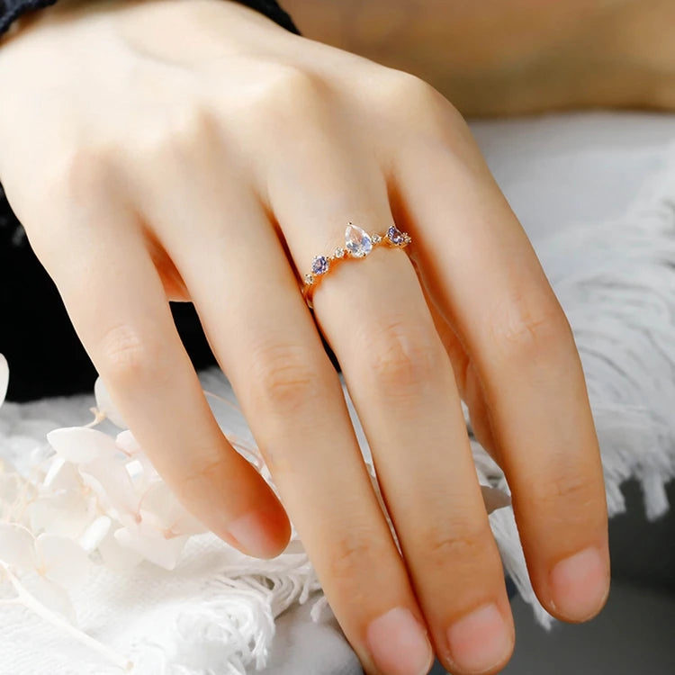 Emotional Factory 925 Sterling Silver 14K Gold Plated Gemstone Drop Tanzanite Zircon Stone Moonstone Ring