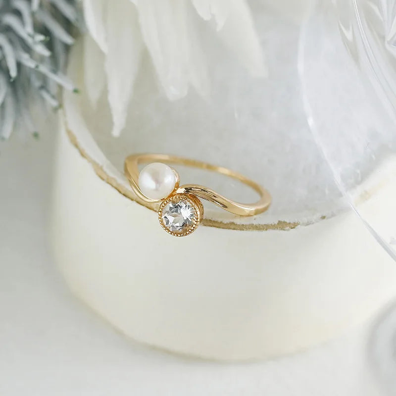 Emotional Factory 925 Sterling Silver 14K Gold Plated Gemstone Curve Vintage  Topaz Natural Pearl Ring