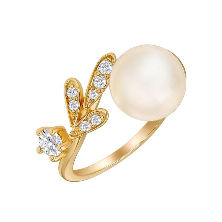 Emotional Factory 925 Sterling Silver 14K Gold Plated Gemstone Zircon Earrings Leaves Adjustable Pearl Ring