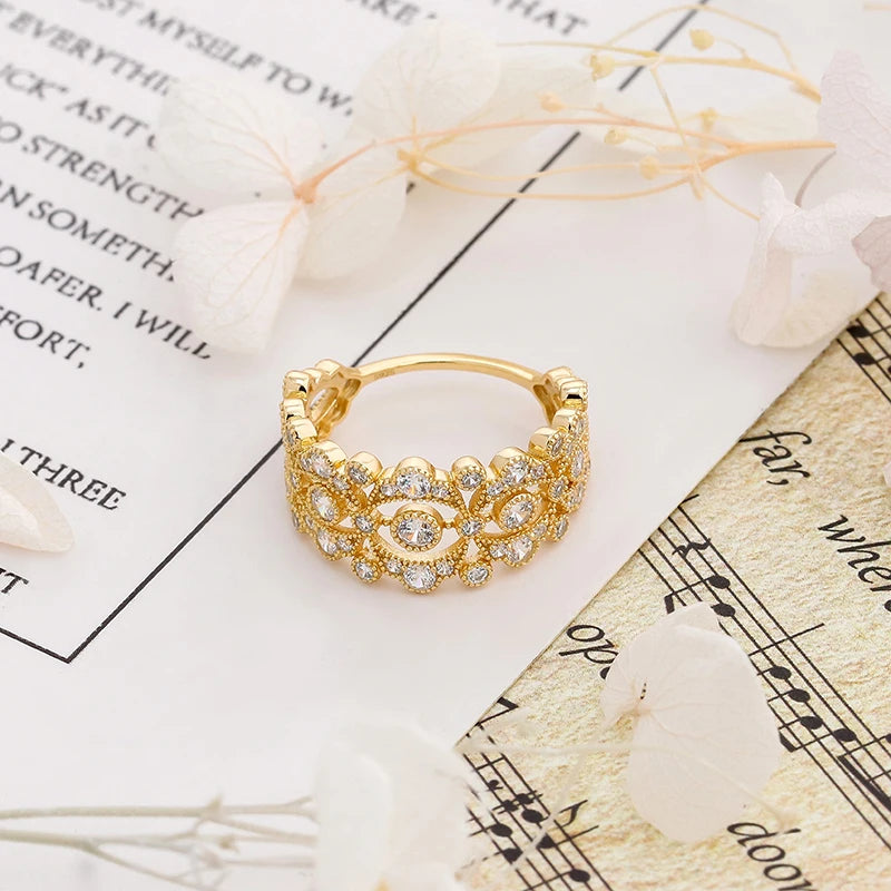 Dunli Jewelry 2024 Spring New Product Euroand American Style Lace Hollow Fashion High Grade Zircon Ring S925 Silver Plated Gold