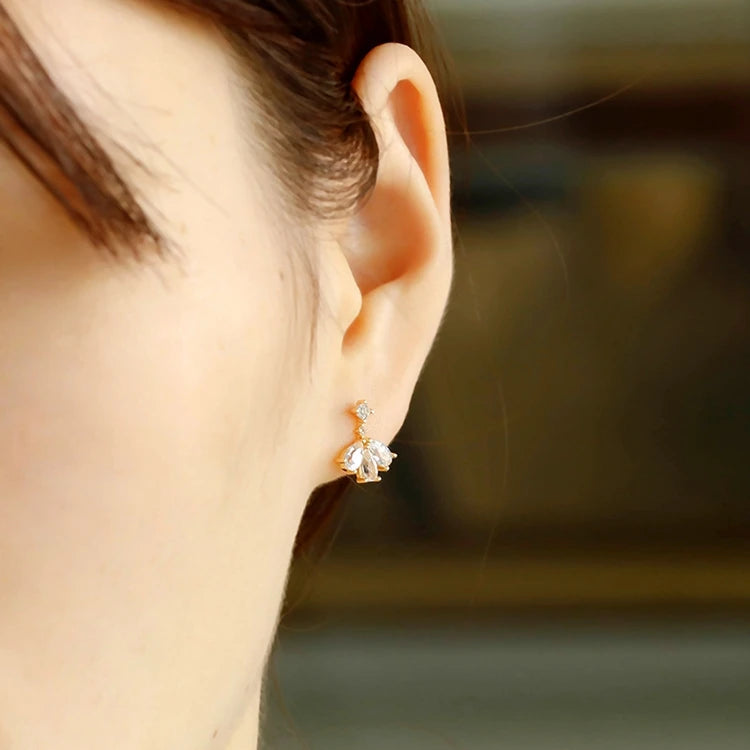 Emotional Factory 925 Sterling Silver 14K Gold Plated Gemstone Fan-Shaped Flower Petals White Topaz Earrings