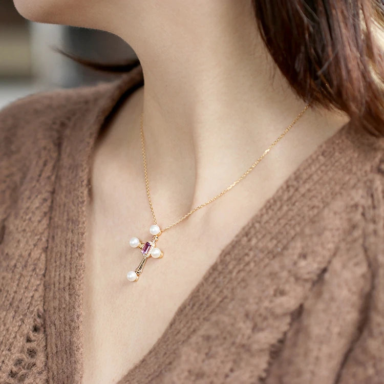Emotional Factory 925 Sterling Silver 14K Gold Plated Gemstone Amethyst Natural Freshwater Pearls Cross Necklace