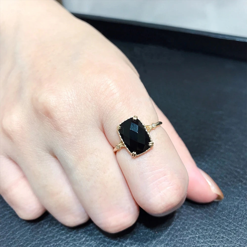 925 Sterling Silver 14K Gold Plated Gem Stone Vintage Style Geometrical Zircon Rectangular Black Agate Carnelian Onyx Ring