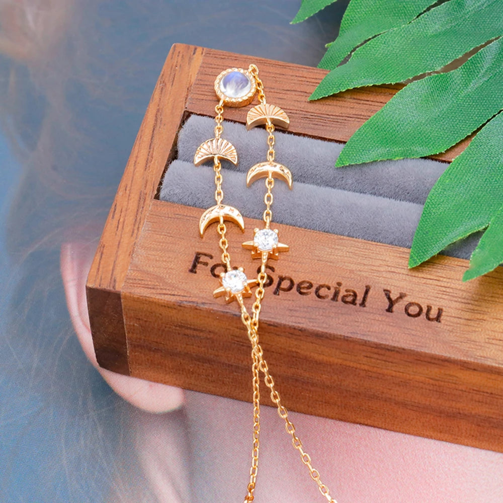 Emotional Pulsera De Cuarzo 925 Sterling Silver Gold Plated Gemstone Series Hammered Moonstone Zircon Round Moon Star Bracelet
