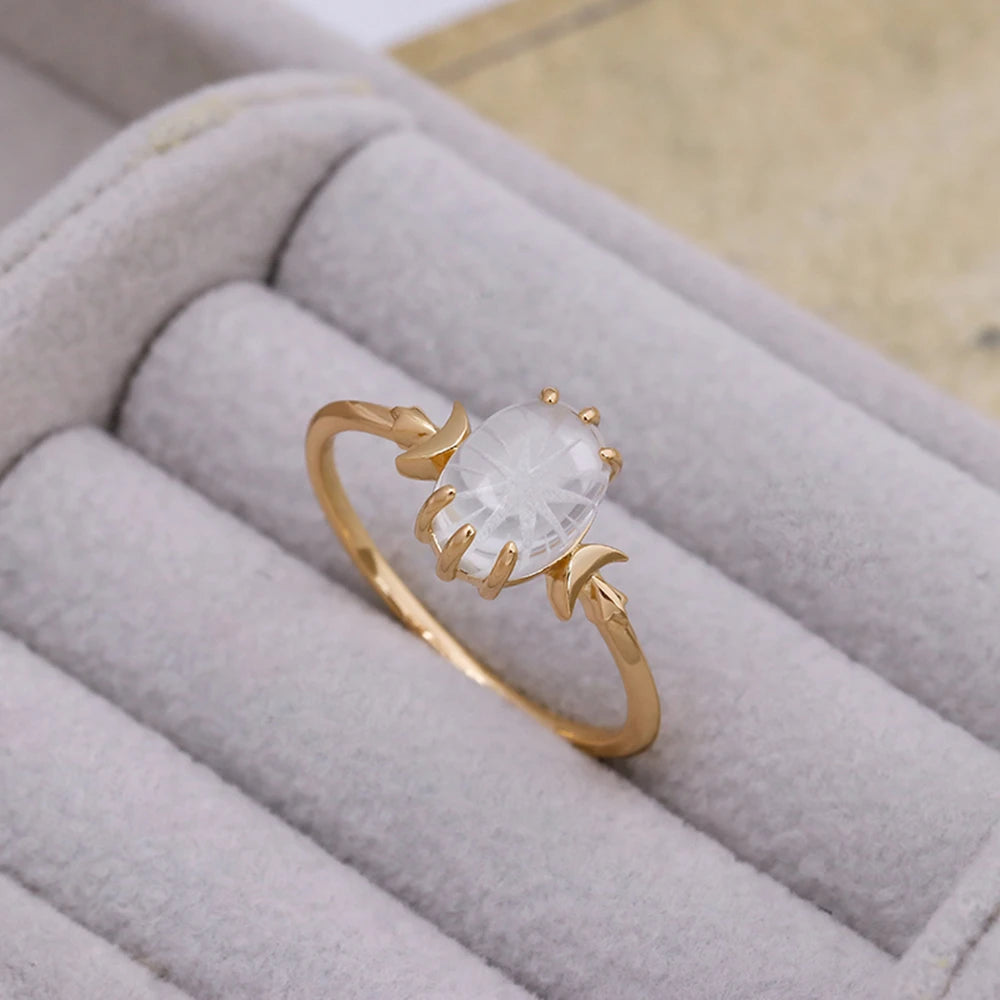 925 Sterling Silver 14K Gold Plated Gemstone Moon Star Starlight Rock Crystal White Crystal Ring