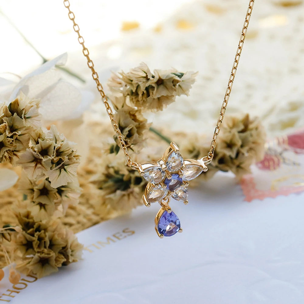 Emotional Factory 925 Sterling Silver 14K Gold Plated Gem Stone Gemstone Tanzanite Zircon Eustoma Flower White Topaz Necklace