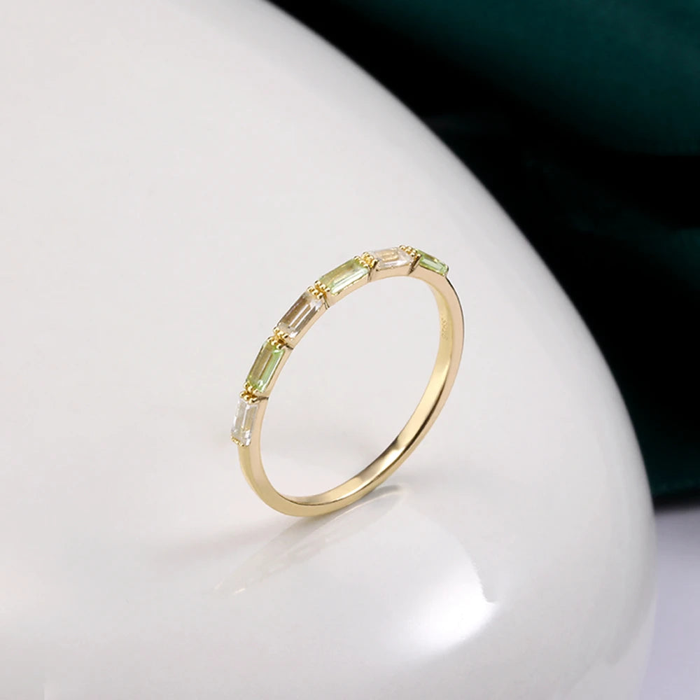 925 Sterling Silver 14K Gold Plated Gemstone White Topaz Peridot Layer Baguette Ring With Natural Stone