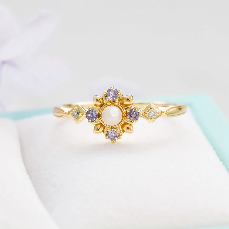 Emotional Factory 925 Sterling Silver 14K Gold Plated Gemstones Flower Rainbow Pearl Tanzanite Stone Ring