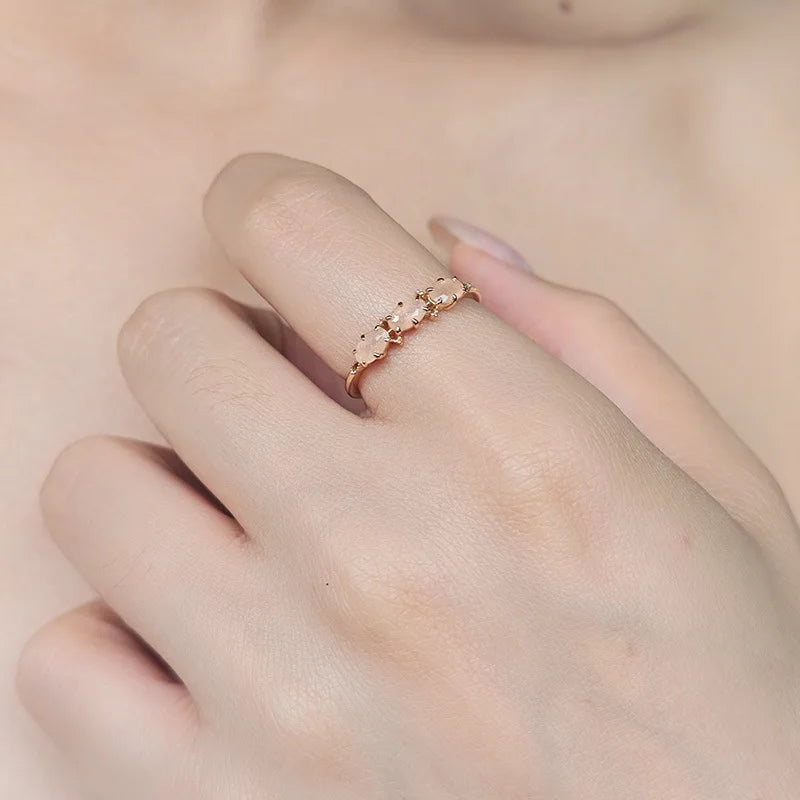 Emotional Factory 925 Sterling Silver 14K Gold Plated Gemstone Three Stones Small Fresh Orange Moonstone Ring