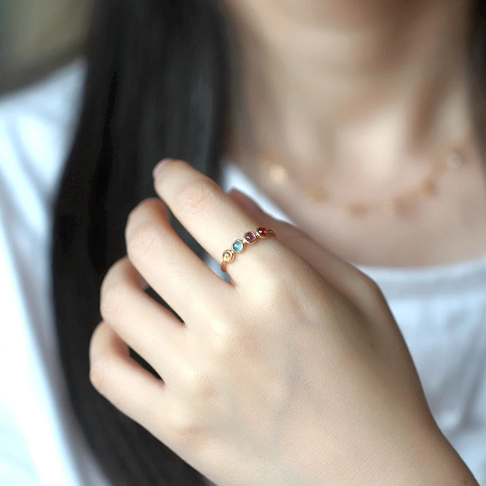 Emotional Factory 925 Sterling Silver 14K Gold Plated Gem Stone Round Bead Topaz Amethyst Garnet Citrine Natural Crystal Ring