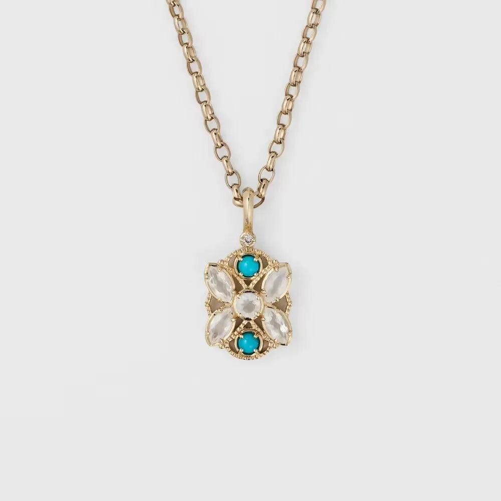 Niche Retro Hollow Design Opal+TurquoiseS925Silver Gold-plated Pendant
