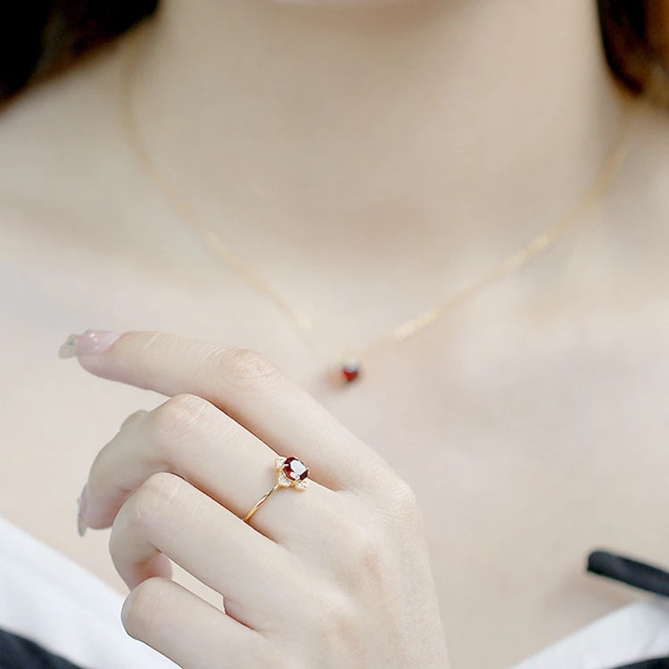 Emotional Factory 925 Sterling Silver 14K Gold Plated Gemstone Red Garnet Petal Shaped Cz Ring