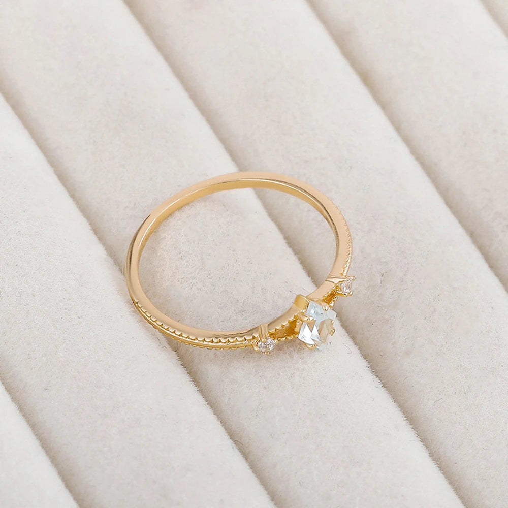 925 Sterling Silver 14K Gold Plated  Natural Stone Gemstone Geometrical Bead Simple Diamond Topaz Ring