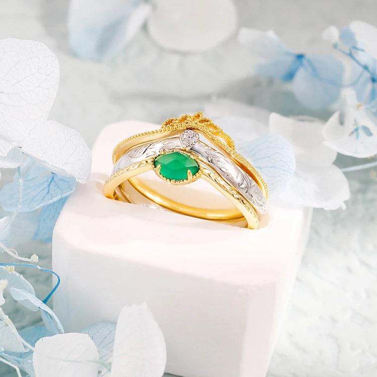 Emotional Factory 925 Sterling Silver 14K Gold Plated Gemstones Christmas Vintage Leaf Carving Natural Green Chalcedony Ring