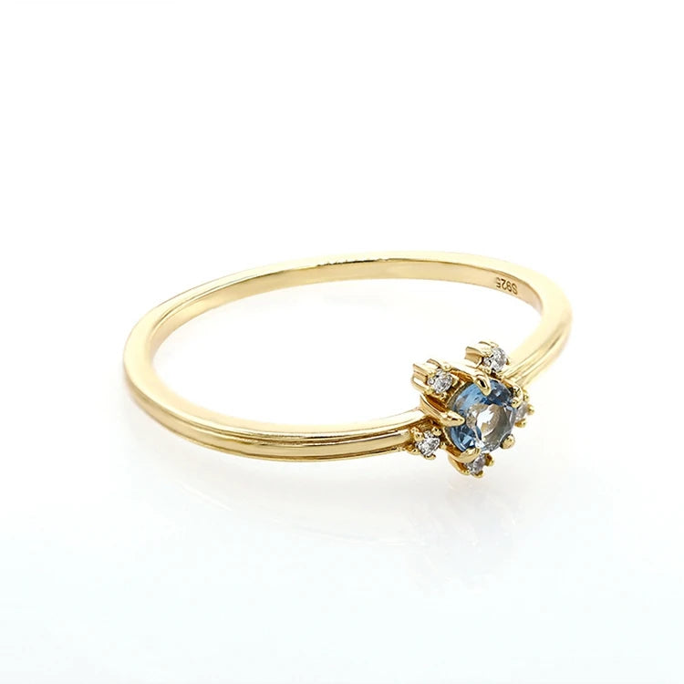 Emotional Factory 925 Sterling Silver 14K Gold Plated Gemstone Blue Stone London Topaz Flowers Ring