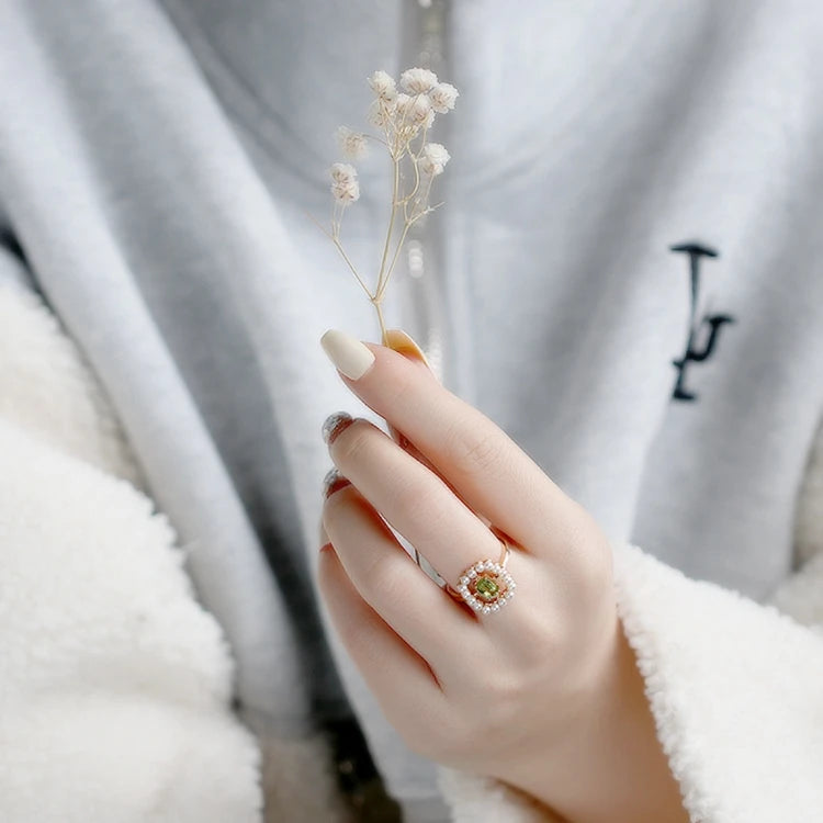 925 Sterling Silver 14K Gold Plated Gemstone Hollow Cross Green Peridot Geometry Pearl Ring