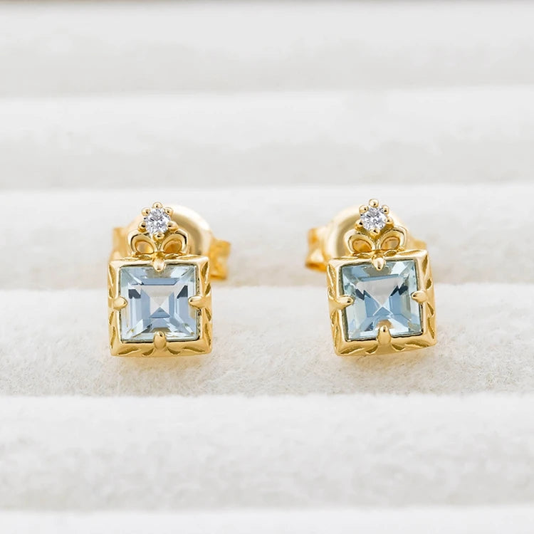 Emotional Factory 925 Sterling Silver 14K Gold Plated Gemstone Simplicity Zircon Geometric Square Aquamarine Earrings