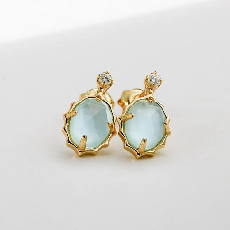 Emotional 925 Sterling Silver 14K Gold Plated Gem Stone Gemstone Retro  Cz Zircon Round White Shell Sky Blue Glass Earrings