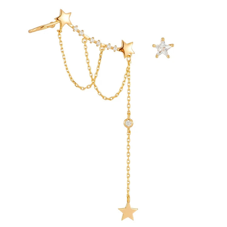 Emotional Factory 925 Sterling Silver 14K Gold Plated Gemstone Irregular Bezel Chain Tassel Star Earrings