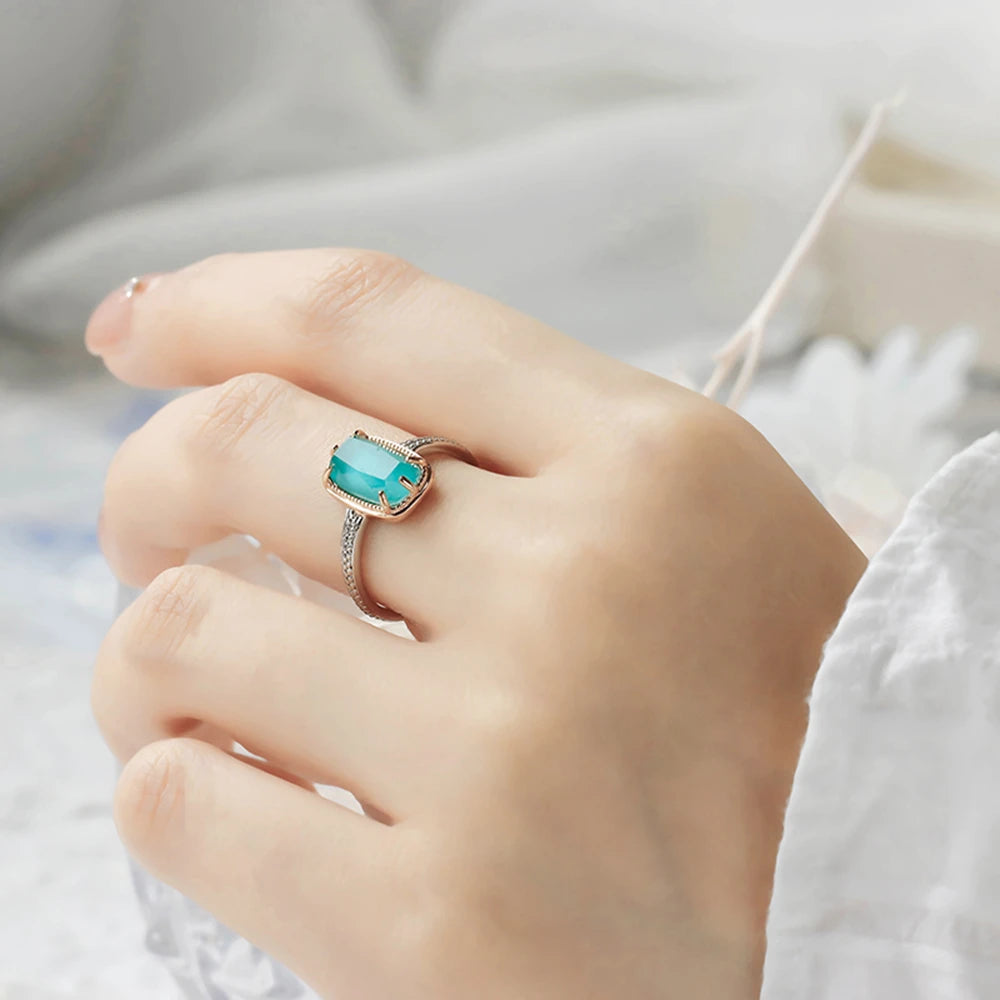 925 Sterling Silver 14K Gold Plated Gemstone  Rock Crystal Rectangles Layered Gemstones White Crystal Turquoise Ring