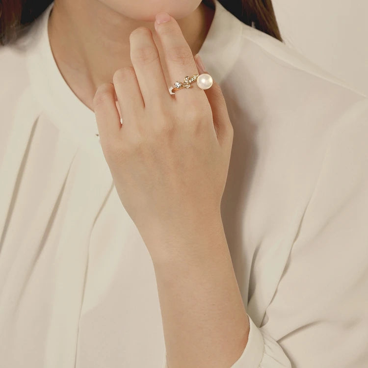 Emotional Factory 925 Sterling Silver 14K Gold Plated Gemstone Zircon Earrings Leaves Adjustable Pearl Ring