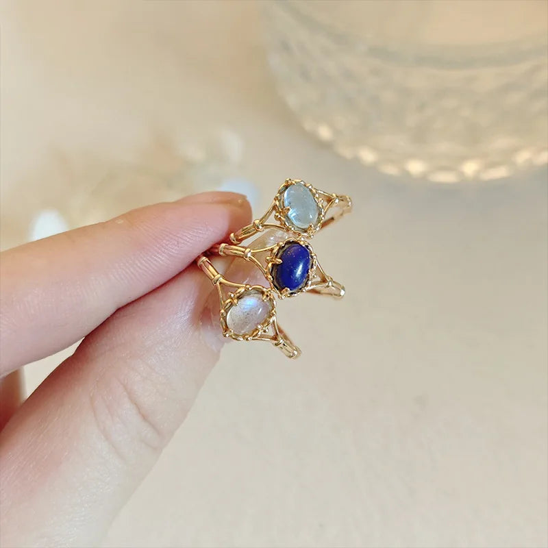 Emotional Factory 925 Sterling Silver 14K Gold Plated Gemstone Retro Literary Vintage Aquamarine Ring