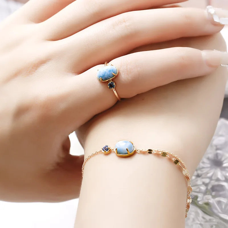 Emotional Bijoux Gold 925 Sterling Silver 14K Gold Plated Gemstone Geometric Oval London Blue Topaz Larimar Ring