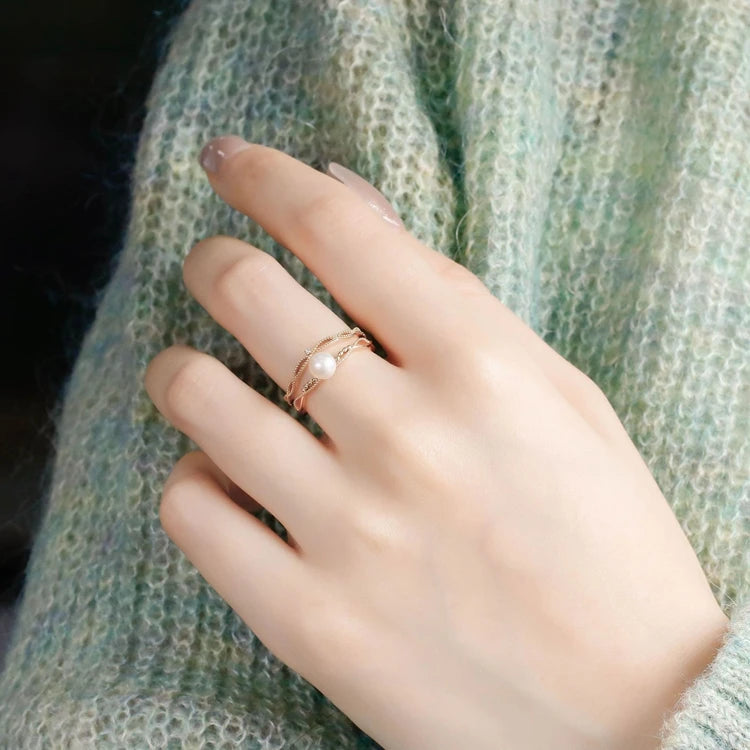 Emotional Factory 925 Sterling Silver 14K Gold Plated Gemstone Zircon Double-Layer Pearl Ring Set