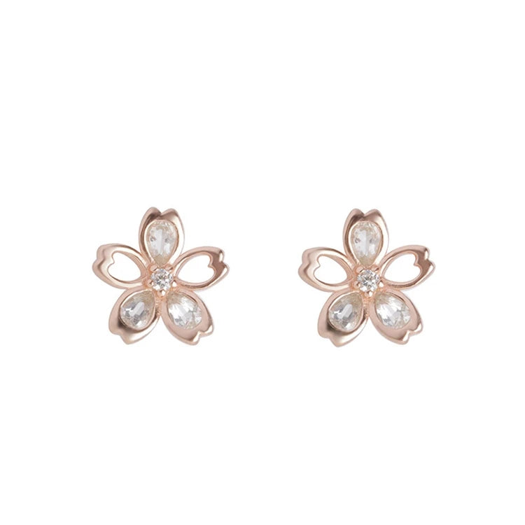 Emotional Factory 925 Sterling Silver 14K Rose Gold Plated Gemstones Five-Leaf Flower White Zircon Cherry Blossom Earrings