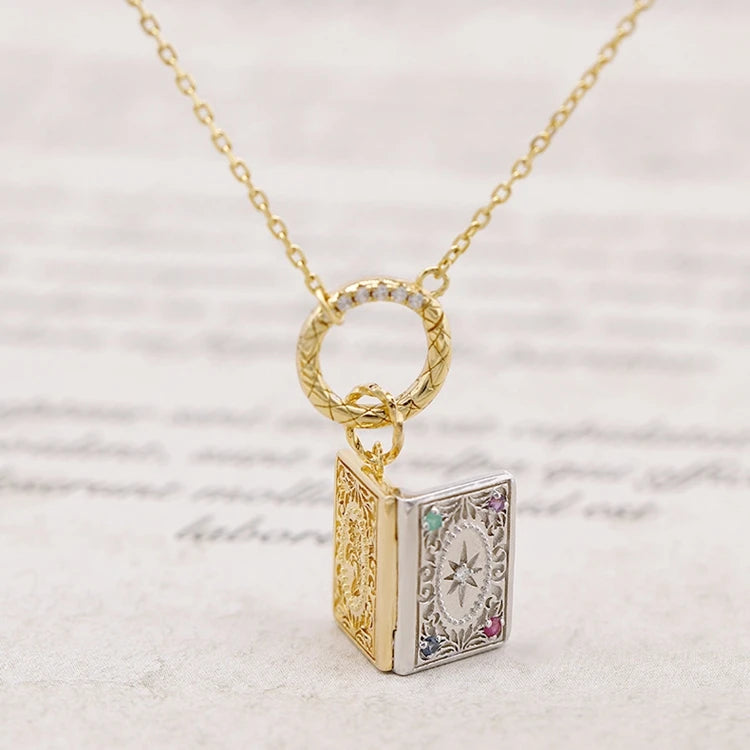 925 Sterling Silver 14K Gold Plated Gemstone Magic Book Natural Ruby Sapphire Emerald Lockets Pendant Necklace