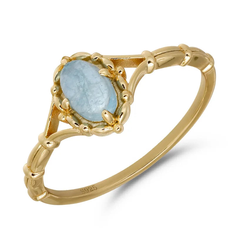 Emotional Factory 925 Sterling Silver 14K Gold Plated Gemstone Retro Literary Vintage Aquamarine Ring