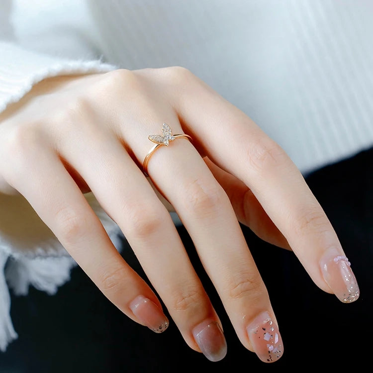 Emotional Factory 925 Sterling Silver 14K Gold Plated Gemstone Minimalist Mini Zircon Butterfly Ring