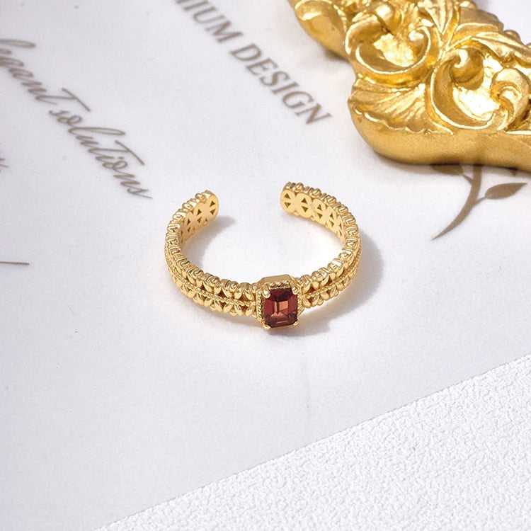 Emotional Anel Ajustavel Factory 925 Sterling Silver 14K Gold Plated Gemstone Natural Red Garnet Pattern Adjustable Ring