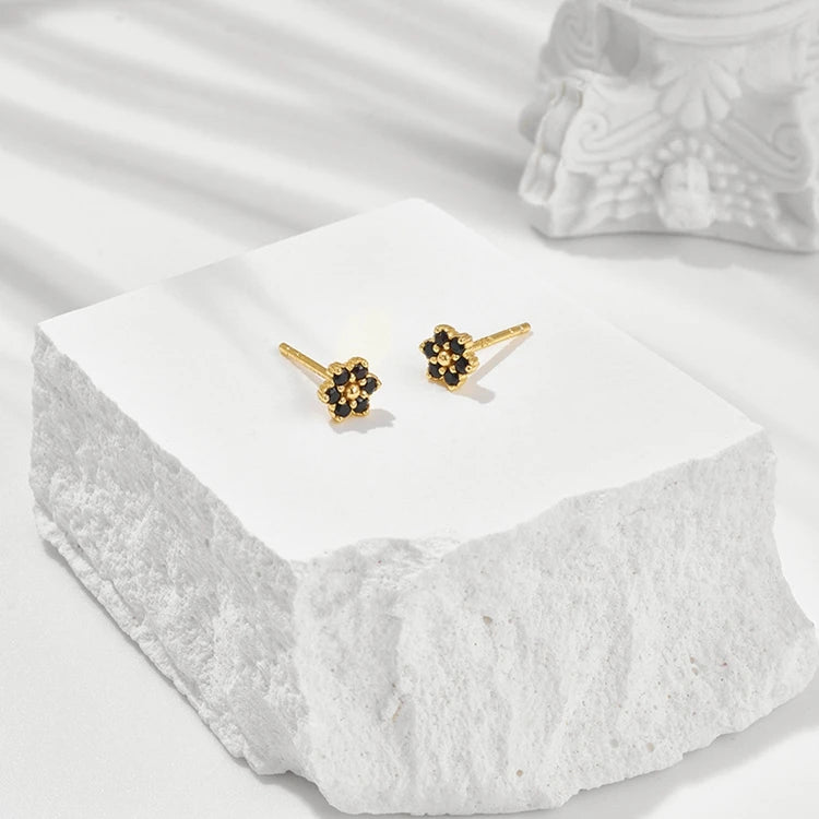 Emotional Factory 925 Sterling Silver 14K Gold Plated Gemstones Small Flower Twist Natural Black Onyx Earrings