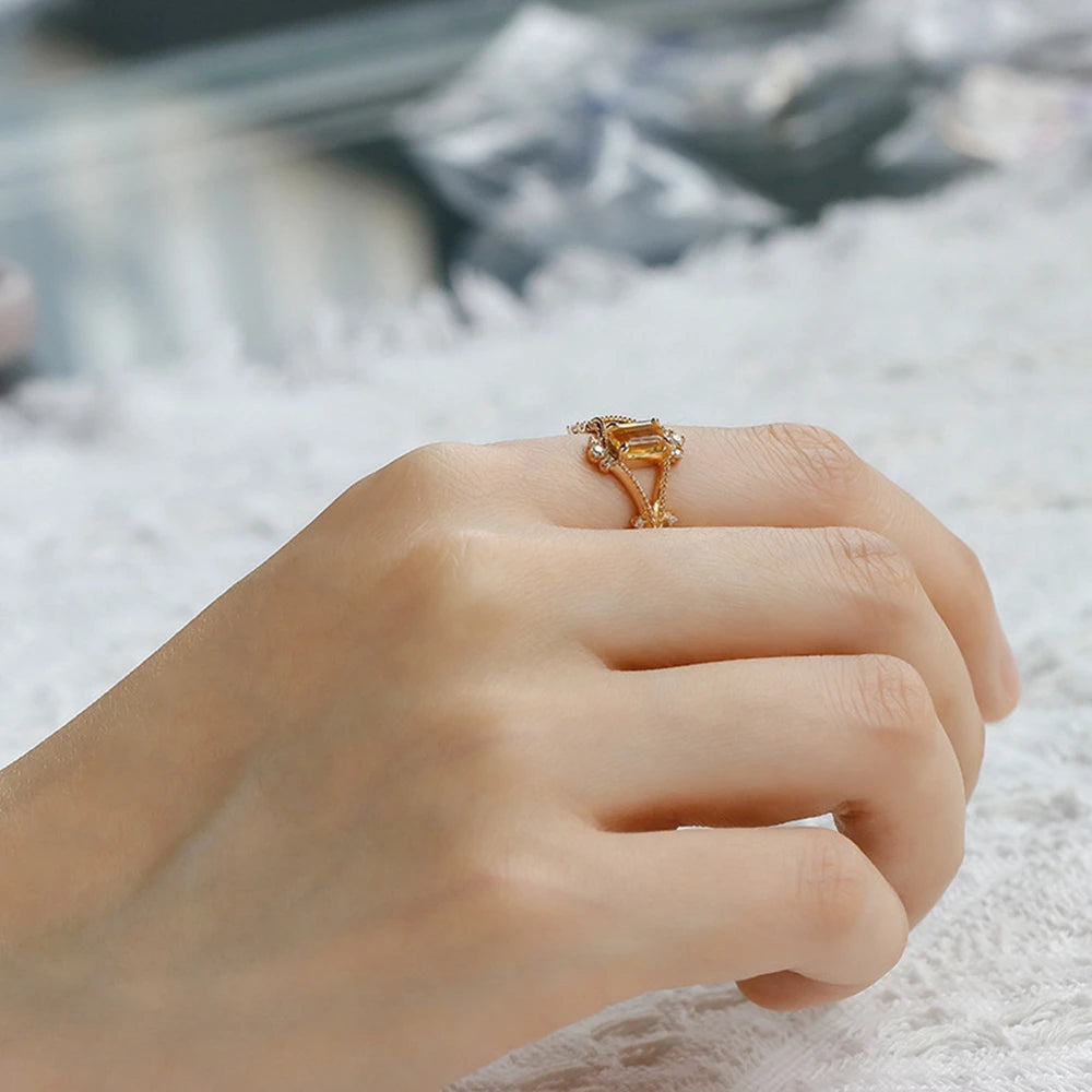Emotional Factory 925 Sterling Silver 14K Gold Plated Gem Stone Gemstone Retro Hollow Geometric Square Zircon Citrine Ring