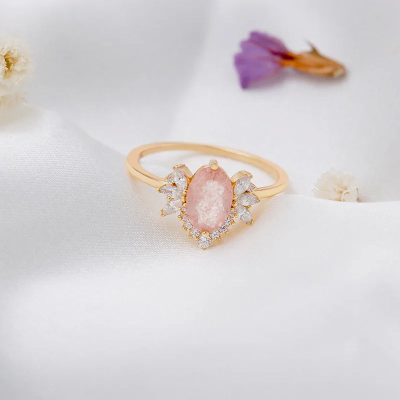 Thin Circle Butterfly Shape Pink Strawberry Crystal Ring
