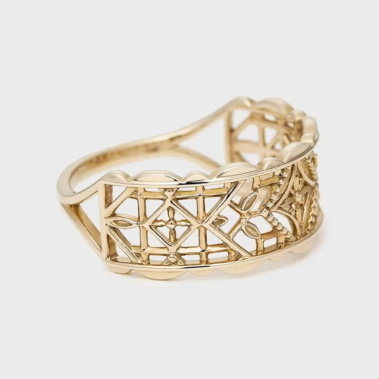 Emotional Factory 925 Sterling Silver 14K Gold Plated Retro Vintage Medieval Pattern Irregular Hollow Ring