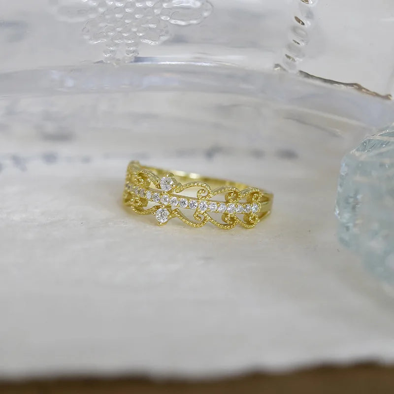 Emotional Factory 925 Sterling Silver 14K Gold Plated Cz Zircon Lace Hollow Ring